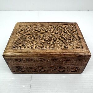 Carved Wood Inlay Floral Hinged Box Trinket Storage Jewelry Spices Box